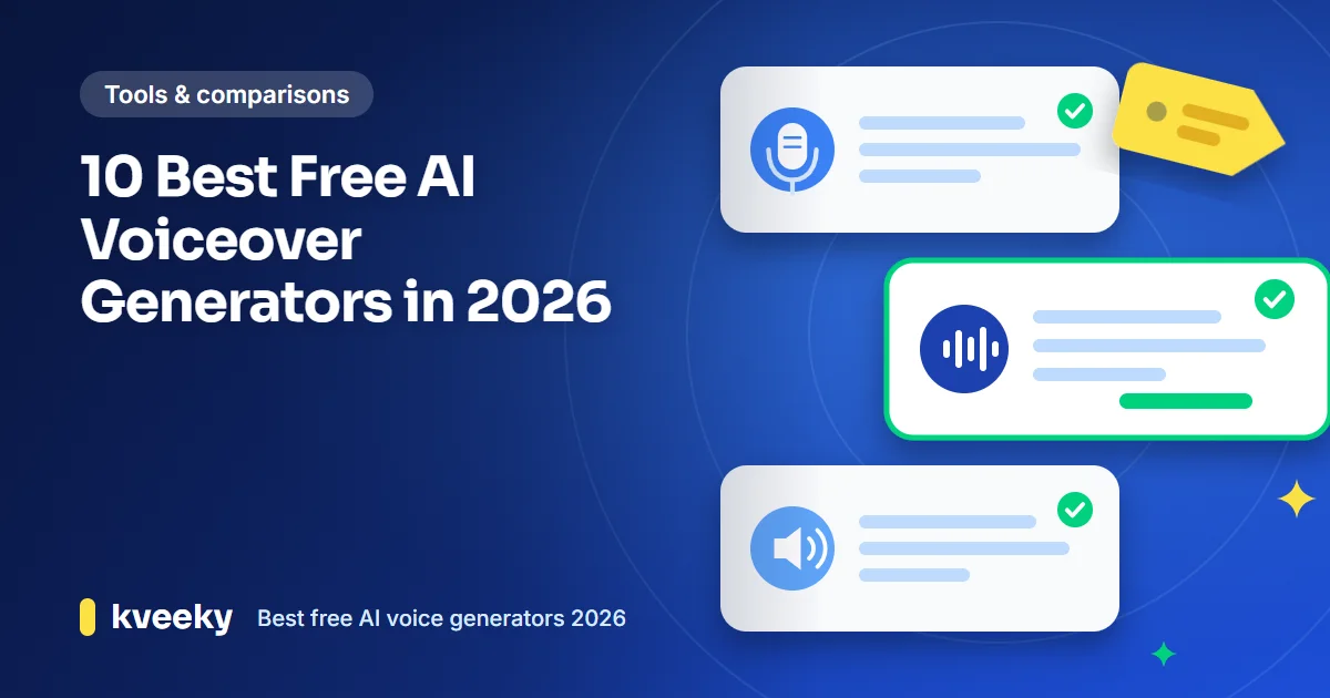 Best free AI voice: illustration of three generic voice tool cards with microphone, waveform and speaker icons, green check tags and a price tag