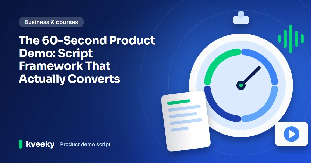 Product demo script: illustration of a stopwatch with four colored time segments, a script page and a play card