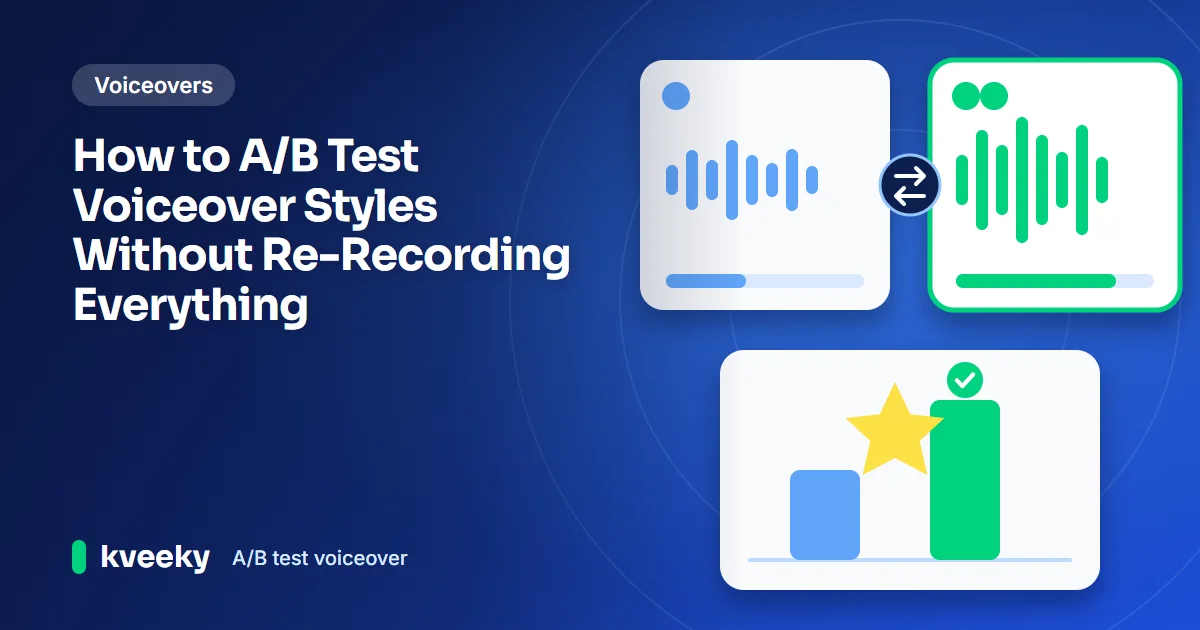 A/B test voiceover: illustration of two voiceover waveform cards side by side with a swap arrow and a bar chart where the second version wins