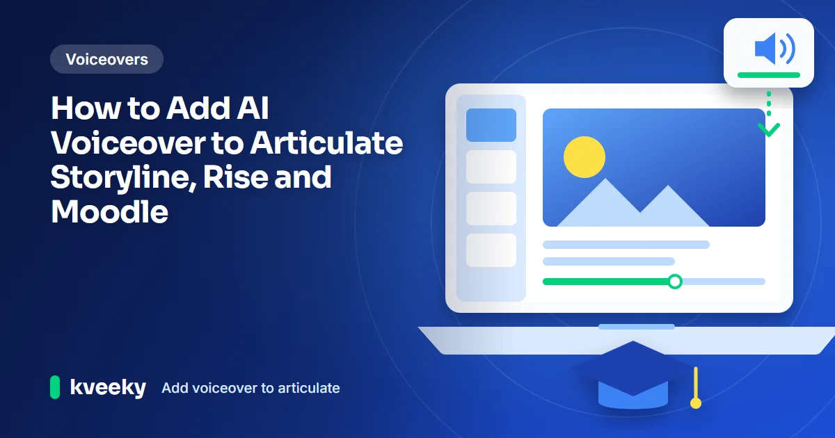 Add voiceover to articulate: illustration of a laptop with an e-learning slide and thumbnail strip, an audio file dropping in and a graduation cap