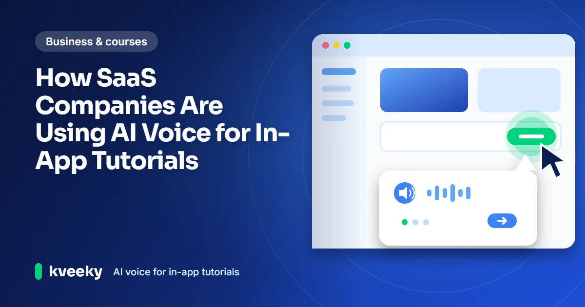 AI voice for in-app tutorials: illustration of an app window with a pulsing button and a narrated tooltip with speaker, wave and step dots