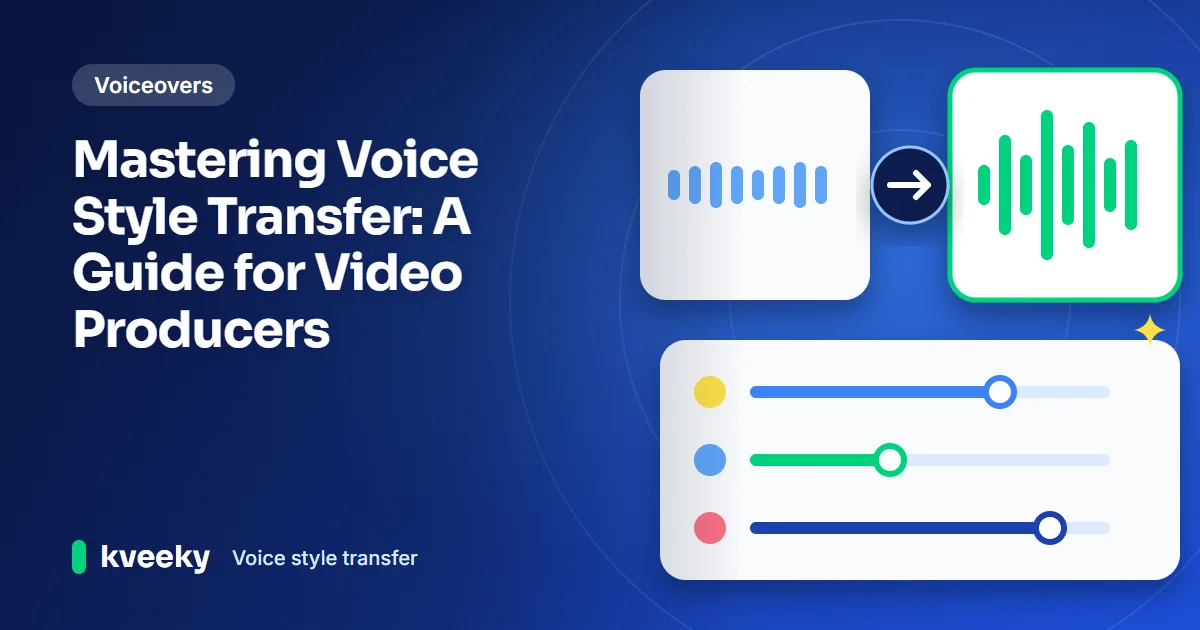 Voice style transfer: illustration of a calm waveform turning into an energetic green waveform via an arrow, above three tone sliders