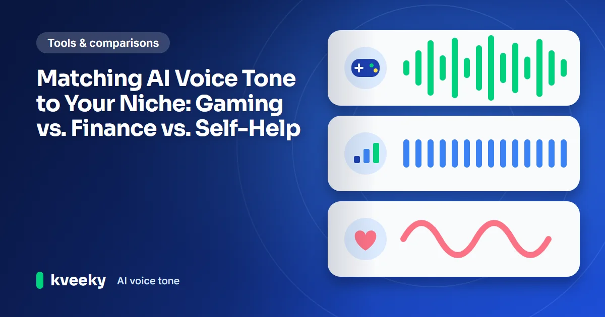 AI voice tone: illustration of a stack of three cards for gaming, finance and self-help, each with its own style of voice wave