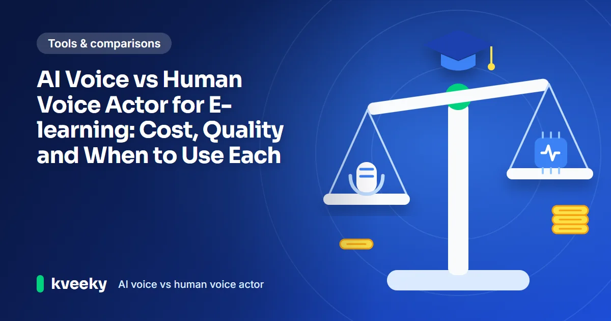 AI voice vs human voice actor: illustration of a balance scale with a microphone on one pan and an AI chip on the other, under a graduation cap