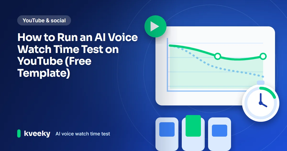 AI voice watch time test: illustration of a line chart card comparing two retention curves beside a stopwatch and a video play button