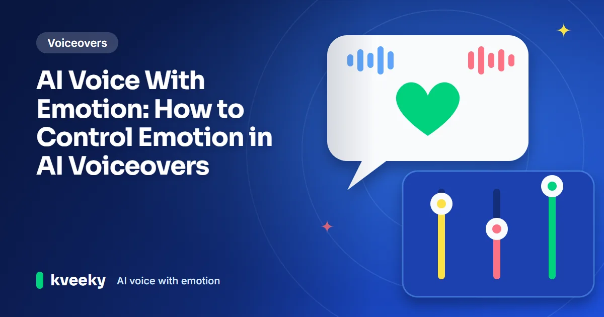 AI voice with emotion: illustration of a speech bubble with a heart and colorful sound wave above a mixer with three emotion sliders