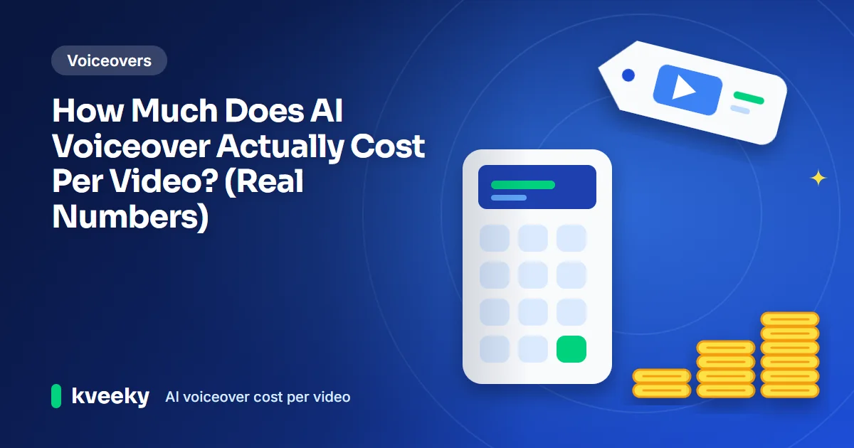 AI voiceover cost per video: illustration of a calculator, stacks of coins and a price tag with a play button showing what a video voiceover costs