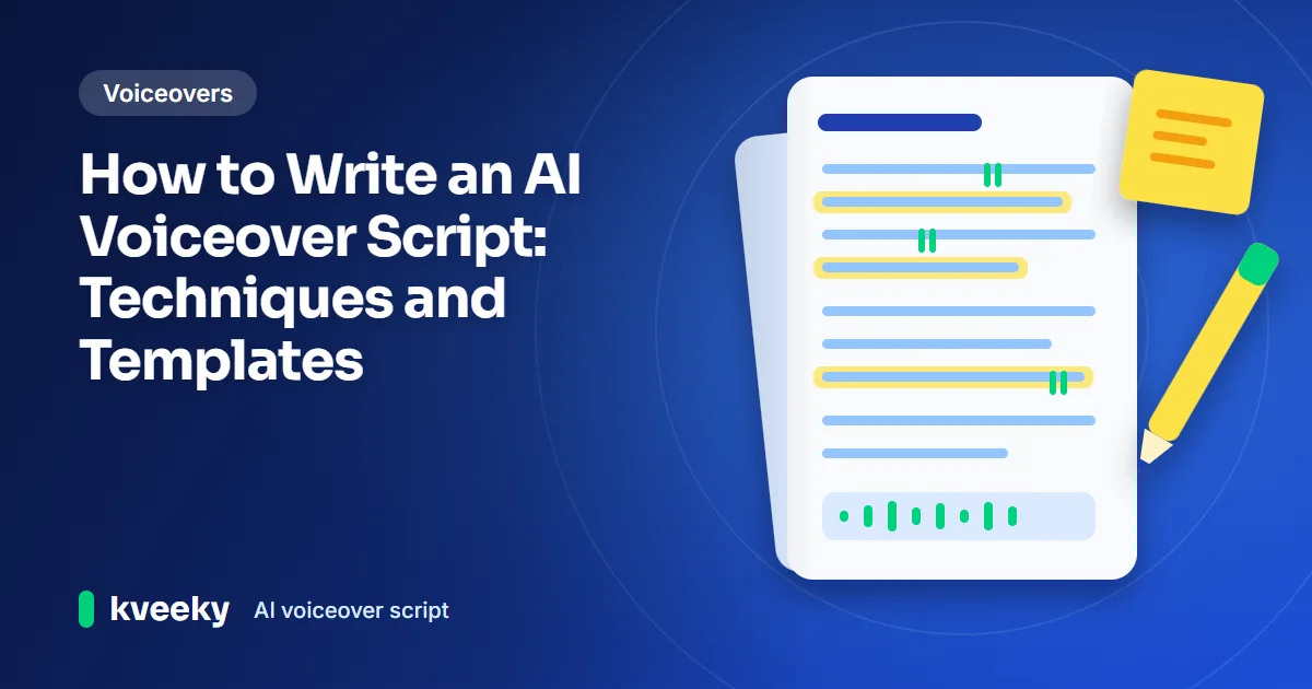 AI voiceover script: illustration of a script page with highlighted lines and green pause marks, with a pen and a sticky note
