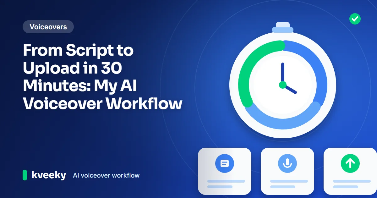 AI voiceover workflow: illustration of a large stopwatch split into three equal segments above three step cards for script, voice and upload