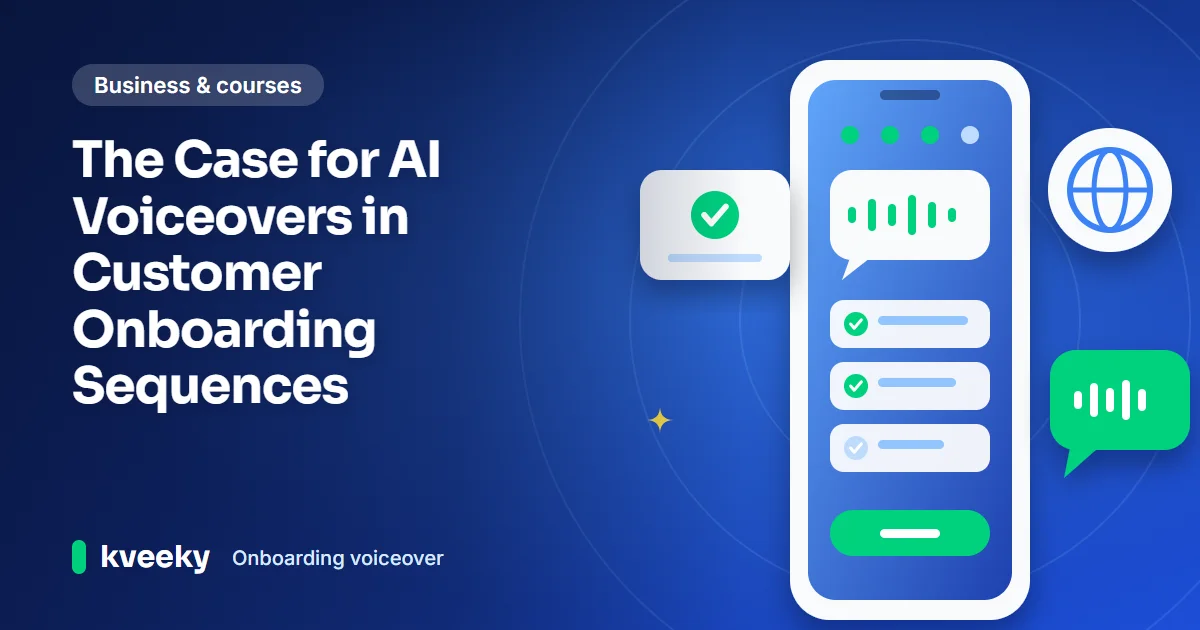 Onboarding voiceover: illustration of a phone showing an onboarding checklist and voice bubble, with floating check and language cards