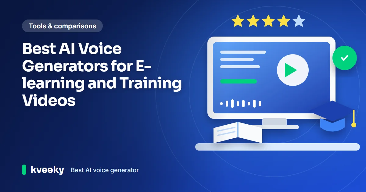 Best AI voice generator: illustration of a monitor with a lesson slide, an open book, a graduation cap and a star rating for e-learning voices