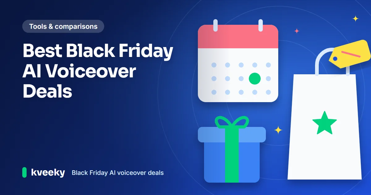 Black Friday AI voiceover deals: illustration of a shopping bag with a price tag, a gift box and a calendar with one highlighted day for seasonal deals