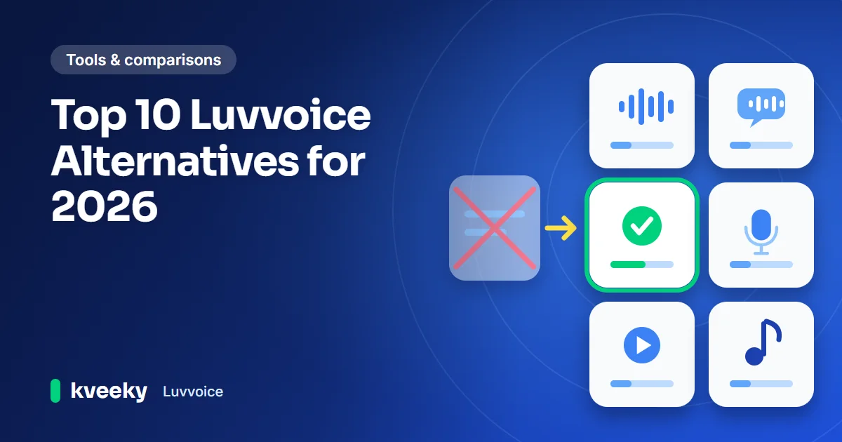 Luvvoice: illustration of a grid of six generic voice tool cards, one highlighted green, next to a crossed-out faded tool card
