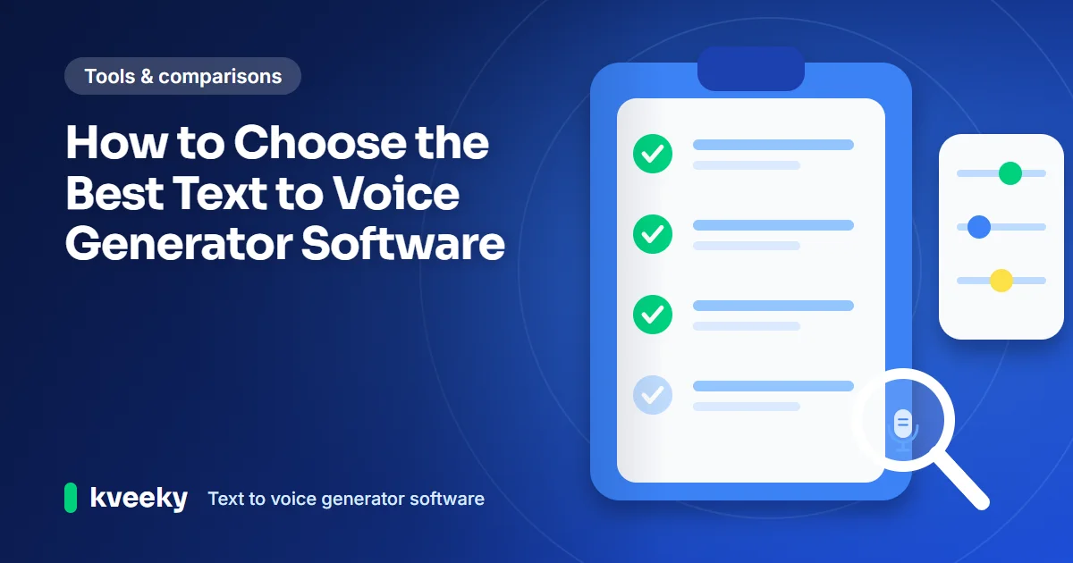 Text to voice generator software: illustration of a clipboard checklist with green ticks, setting sliders and a magnifying glass over a microphone
