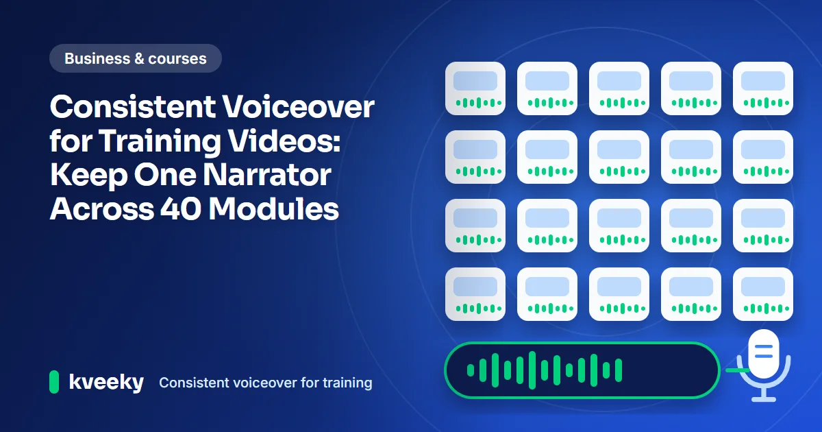 Consistent voiceover for training: illustration of a grid of twenty course module tiles each with the same green voice wave, linked to one microphone