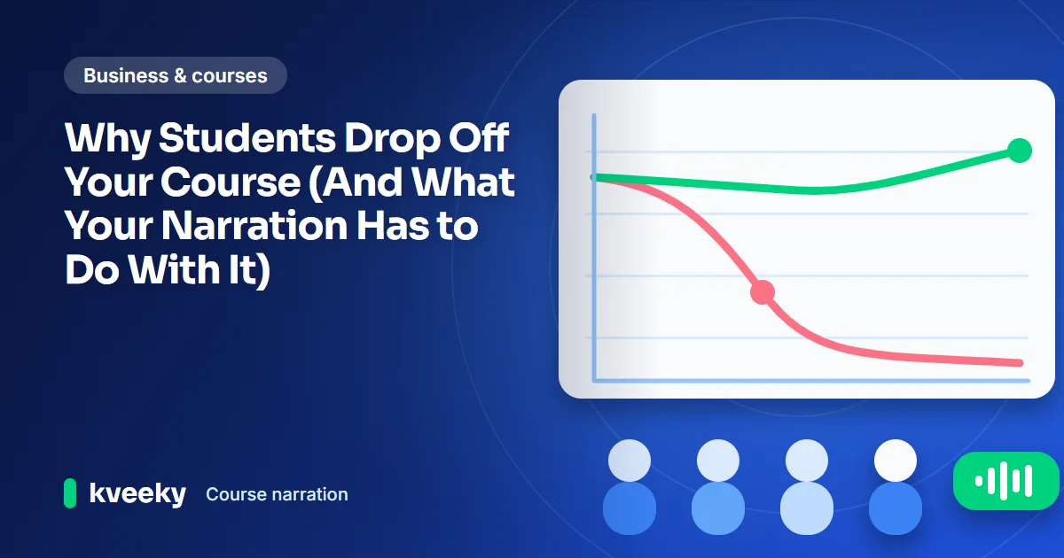 Course narration: illustration of a line chart where learners drop off in red and stay in green, with student shapes and a voice bubble