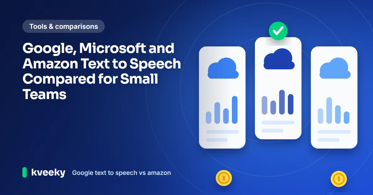 Google text to speech vs amazon polly: illustration of three cloud service cards with bar charts side by side and a green tick marking the best fit