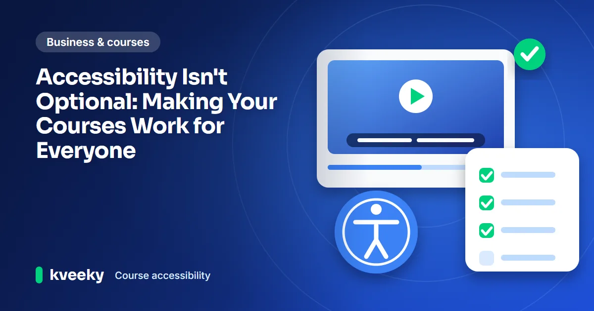 Course accessibility: illustration of an online course screen with captions, a checklist and a universal access badge with a simple figure