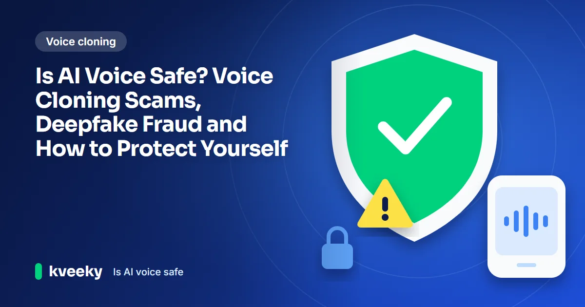Is AI voice safe: illustration of a green shield with a check protecting a phone with a sound wave, plus a yellow warning triangle and a lock
