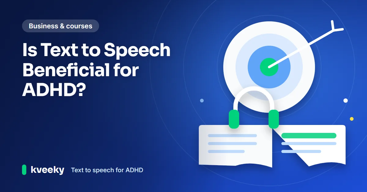 Text to speech for ADHD: illustration of headphones above an open book with highlighted lines, in front of a focus target of concentric rings