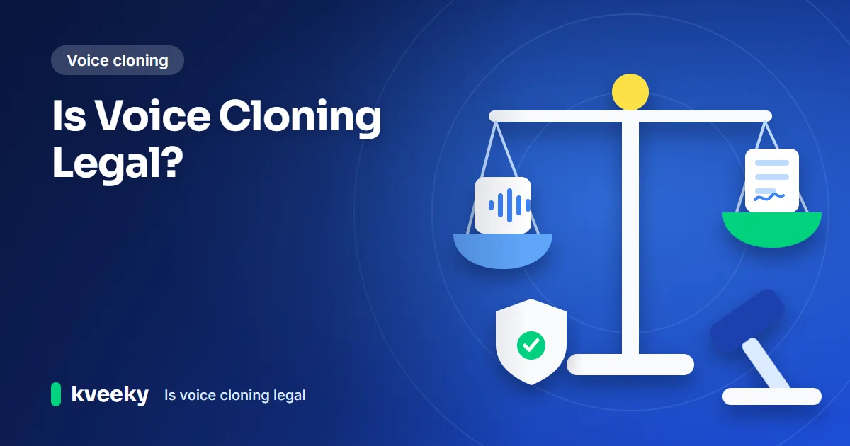 Is voice cloning legal: illustration of balance scales weighing a sound-wave card against a signed consent document, with a gavel and a shield