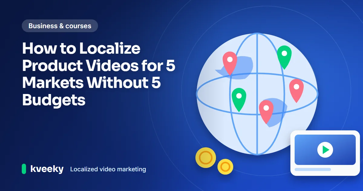 Localized video marketing: illustration of a globe with five location pins, a product video card with a play button and small gold coins