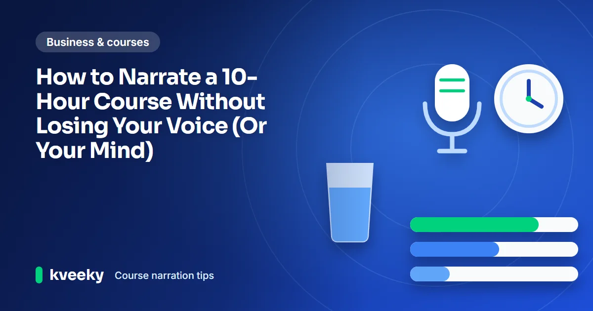 Course narration tips: illustration of a microphone beside a glass of water and a clock, above progress bars for course modules