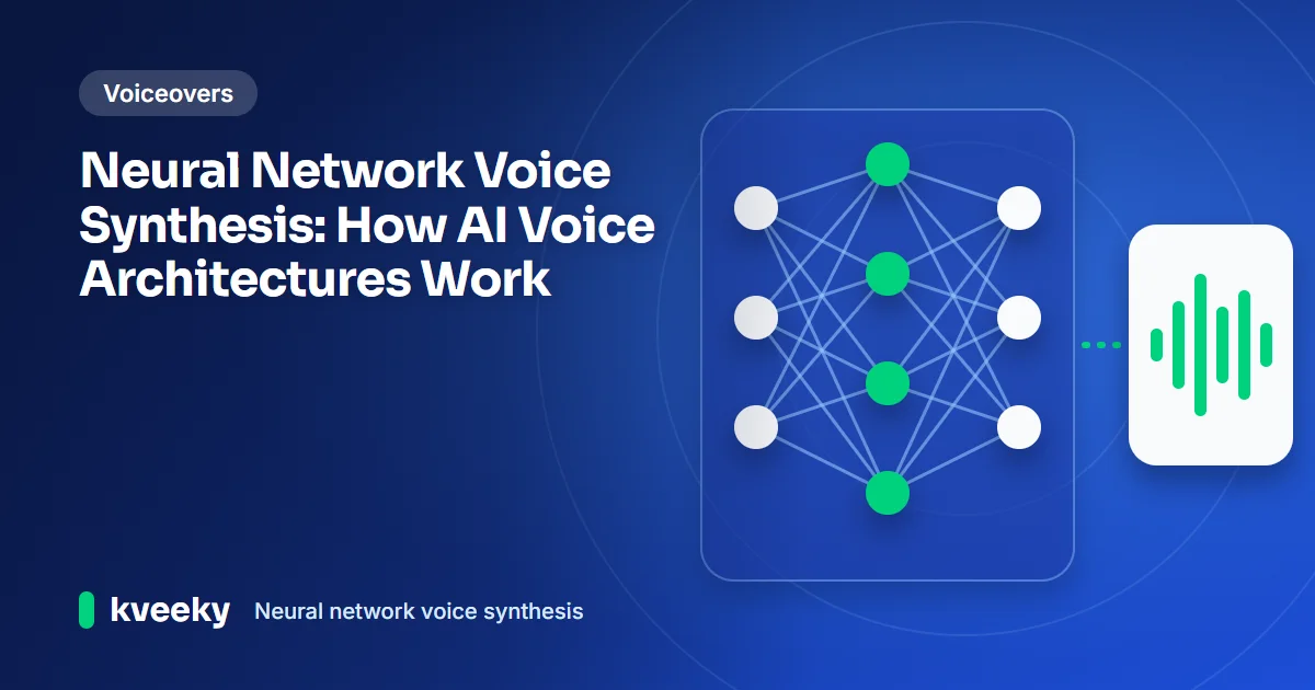 Neural network voice synthesis: illustration of a layered neural network of linked nodes feeding a glowing audio waveform