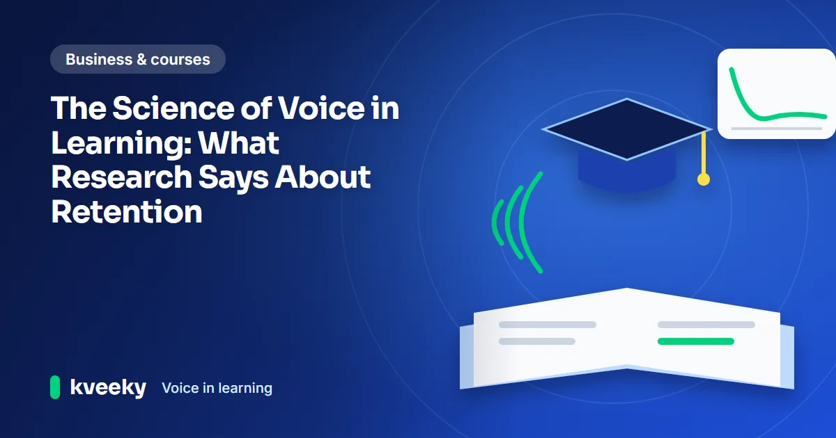 Voice in learning: illustration of an open book topped with a graduation cap, a rising memory curve chart and sound waves