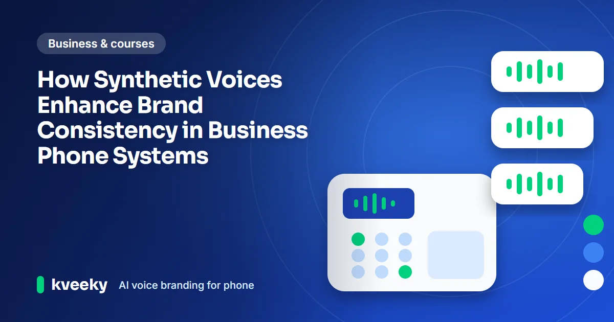 AI voice branding for phone systems: illustration of a desk phone with a sound-wave display, three matching speech bubbles and brand colour dots