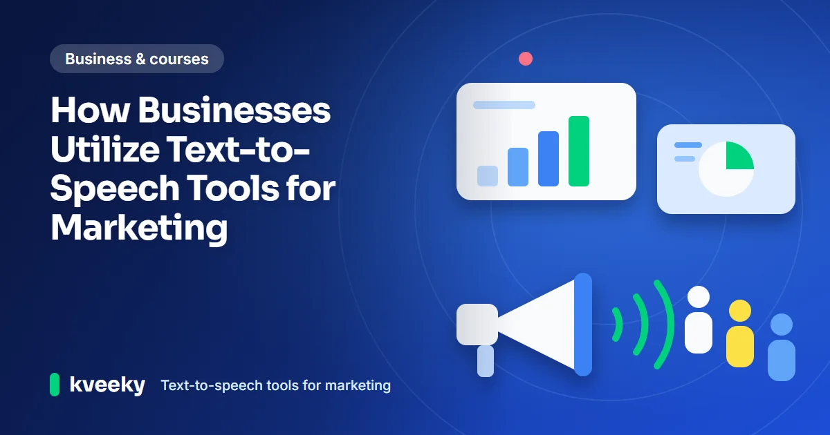 Text-to-speech tools for marketing: illustration of a megaphone with sound waves above campaign cards, a bar chart and a growing audience of people shapes