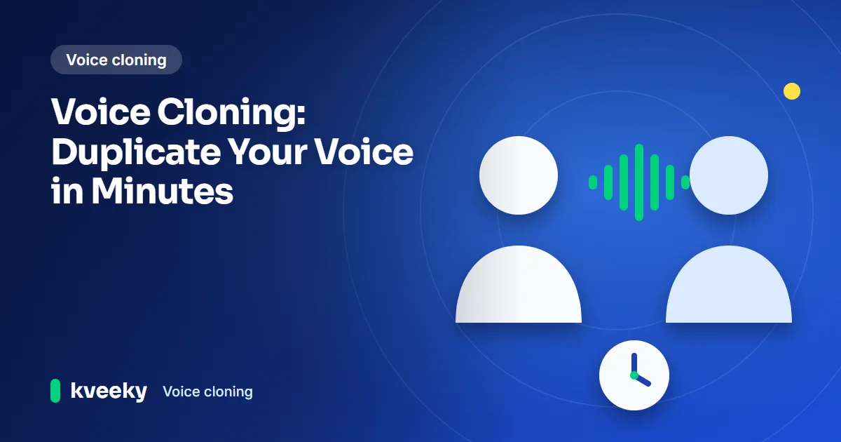 Voice cloning: illustration of a faceless person bust with a mirrored copy, linked by sound waves, and a small clock showing minutes