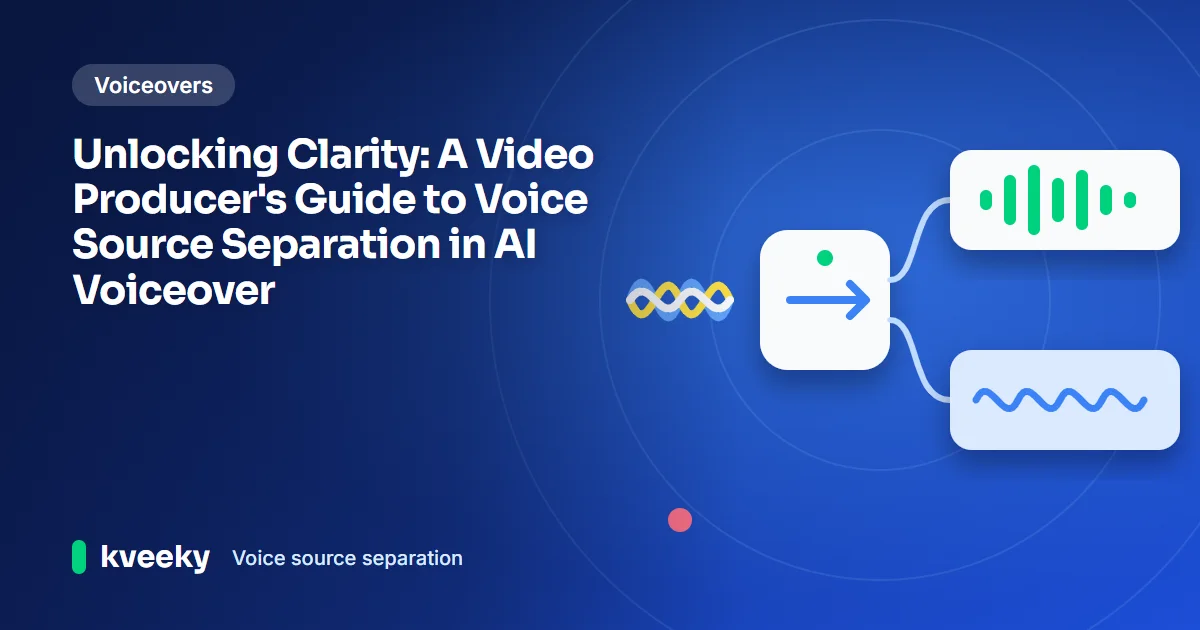 Voice source separation: illustration of a tangled mixed waveform entering a splitter that outputs a clean voice track and a separate background track