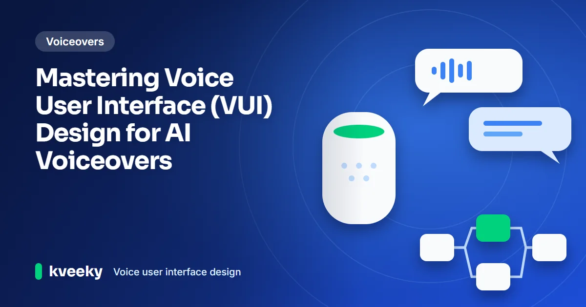Voice user interface design: illustration of a smart speaker with a glowing ring, conversation bubbles and a small flowchart of dialogue steps