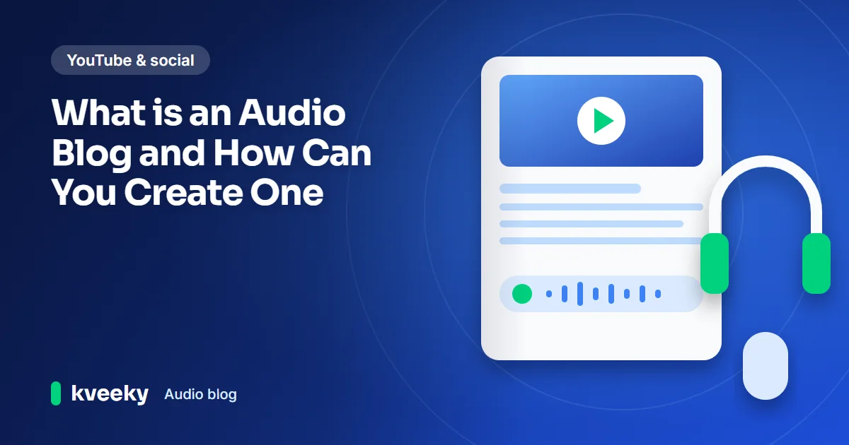 Audio blog: illustration of a blog article page with a play bar and sound wave, wearing headphones, beside a small podcast microphone