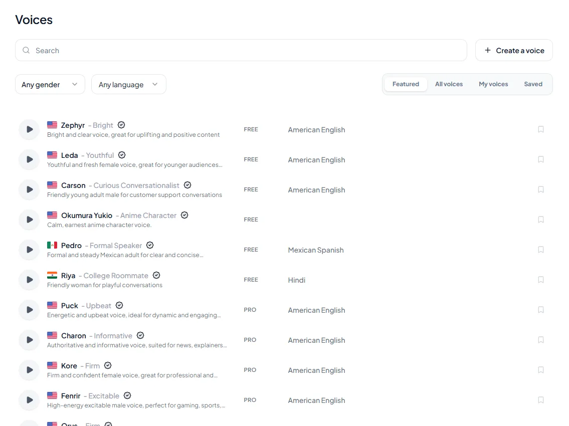 The Kveeky voice library with search, gender and language filters, and tabs for Featured, All voices, My voices and Saved.